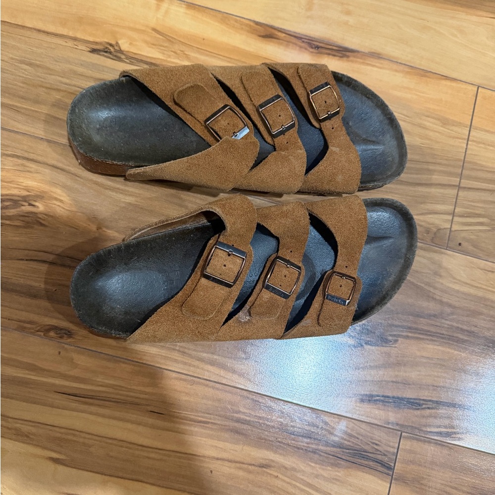 Kids Triple-Buckle Suede Slides in Brown